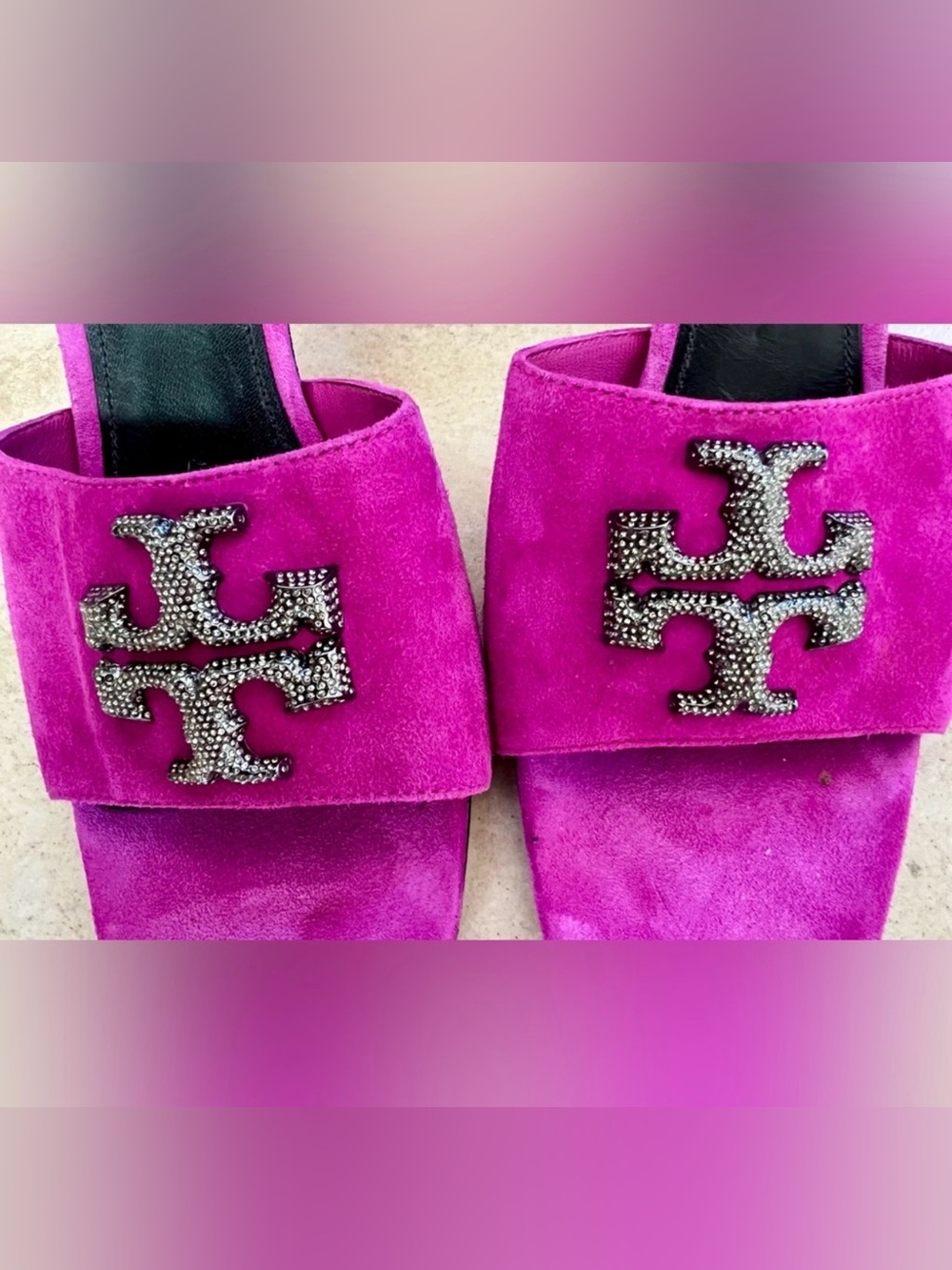 Tory Burch Fuchsia Suede Slide Sandals with Crystal logo - Picture 2 of 4